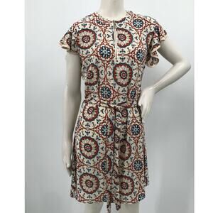 Molly Bracken Damask Print Flutter Sleeve Belted Dress Womens S